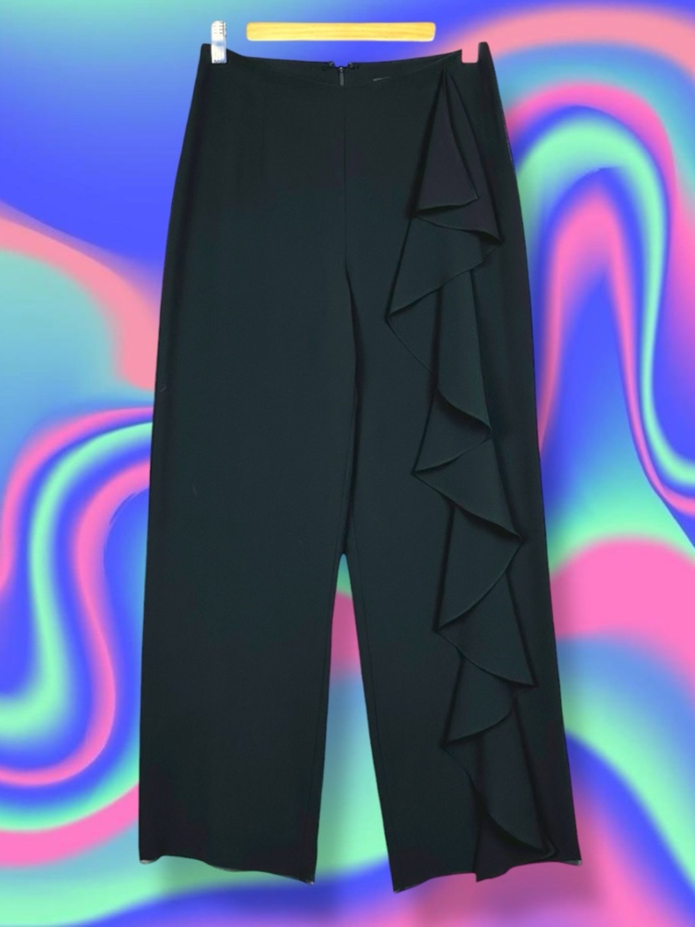 JS Boutique Waterfall Ruffle Salsa Inspired Wide Leg Crepe Dress Pants Black 4